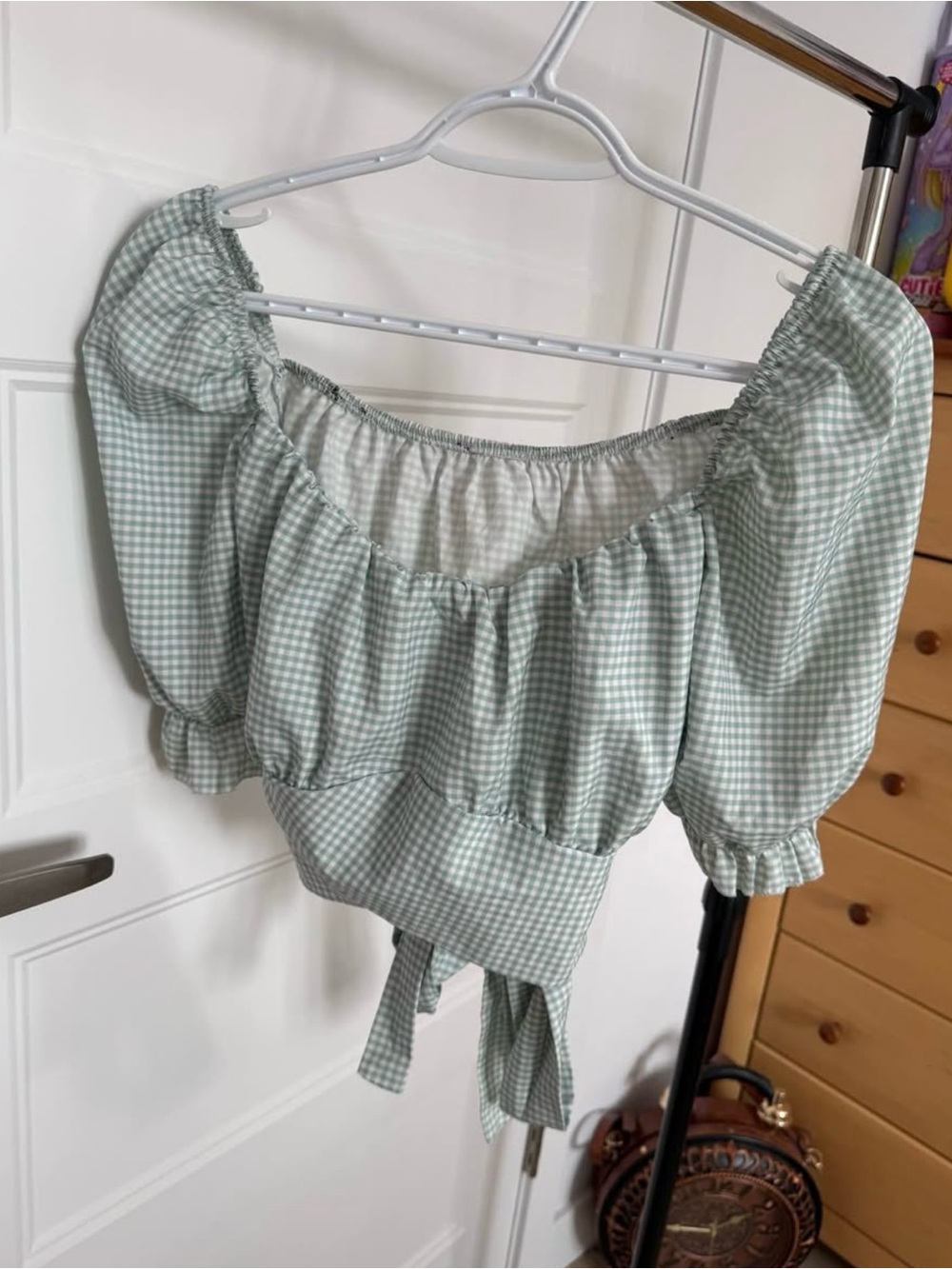 Women’s Sage Gingham Puff Sleeve Crop Top